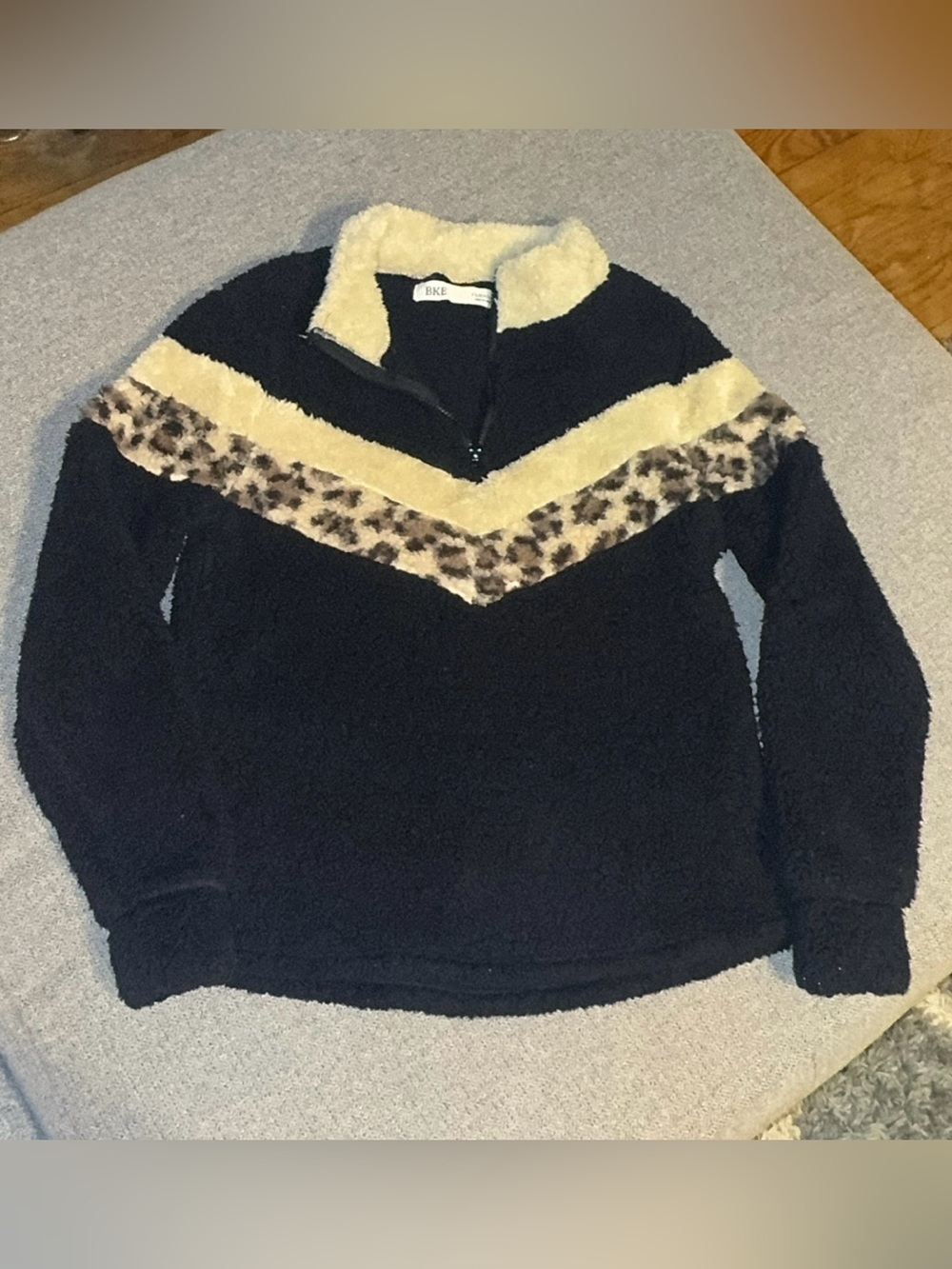 BKE Black Sherpa Pullover with Cream Chevron and Leopard Accent